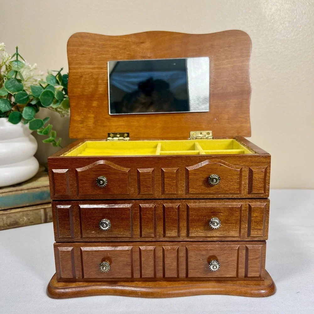 Vintage Wood Jewelry Box | Velvet Lined